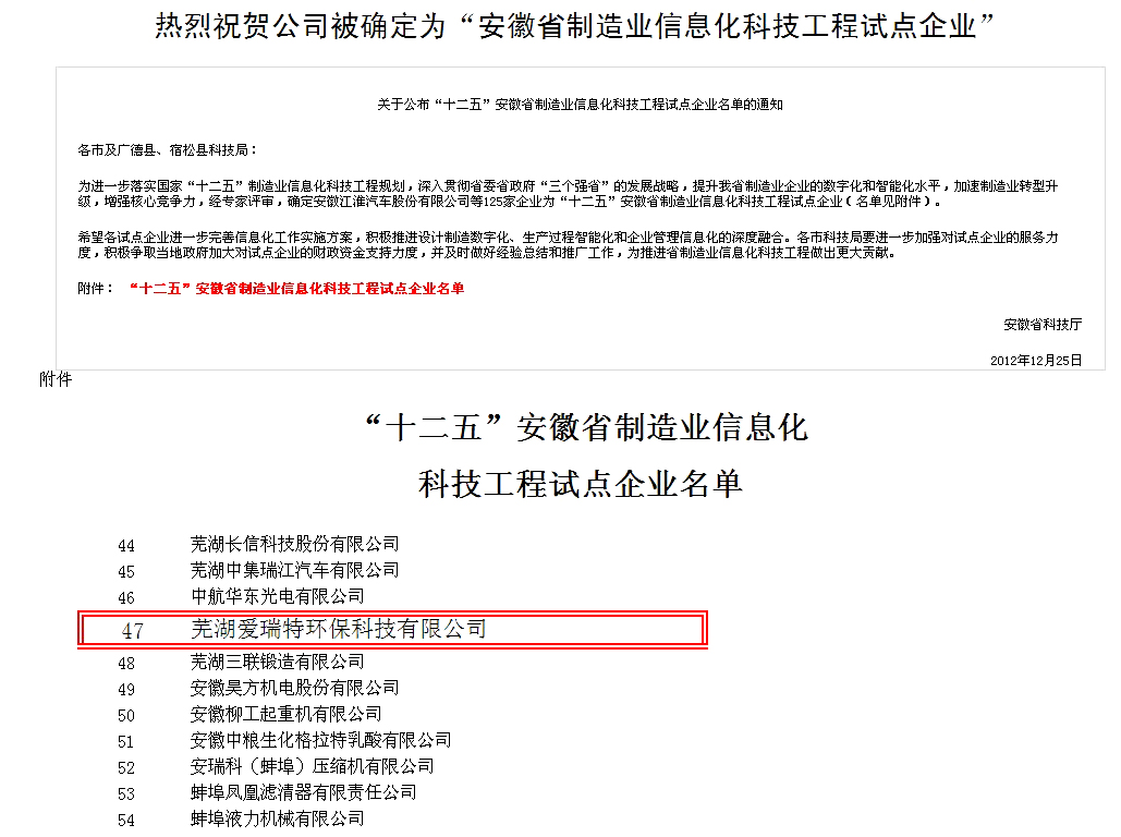 熱烈祝賀公司被確定為“安徽省制造業(yè)信息化科技工程試